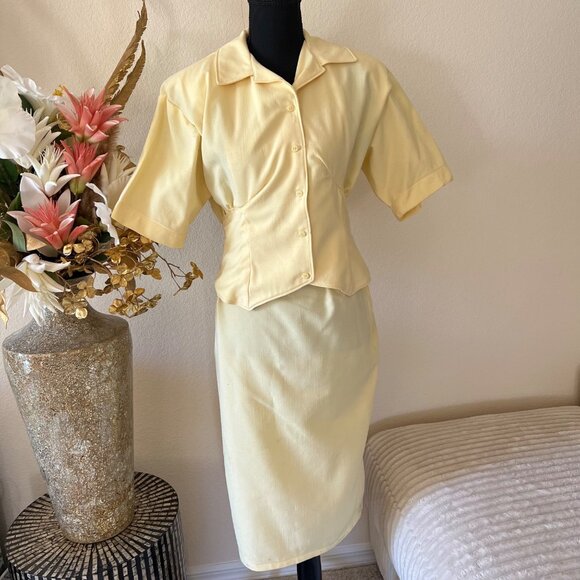 Handmade Other - Vintage Handmade 1950s 2-Piece Yellow Linen Blouse and Skirt Set Single Stitch